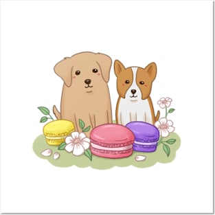 Cute Puppies and Macarons Illustration Posters and Art